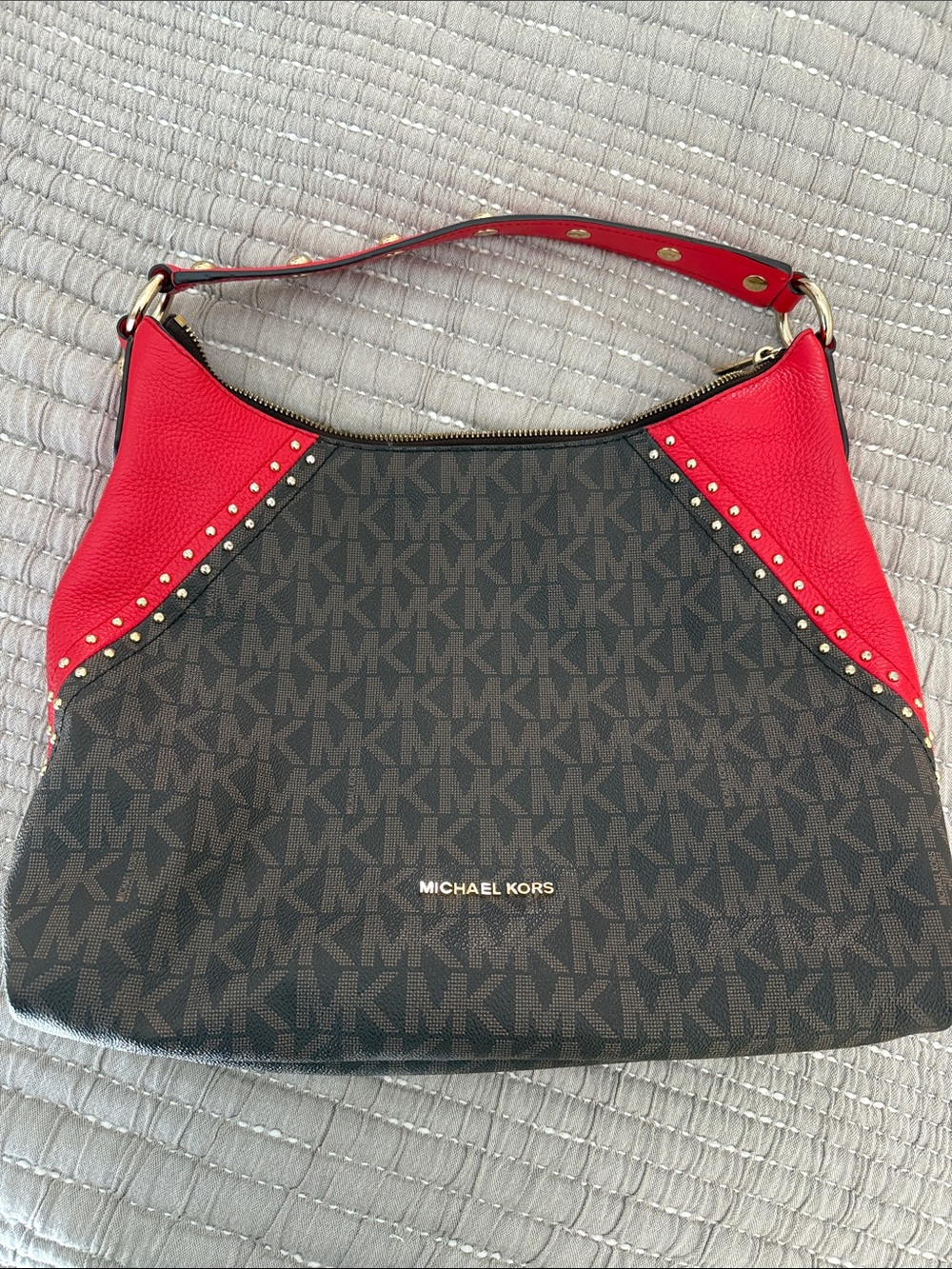 Michael Kors Brown MK Logo Hobo with Red Leather Trim